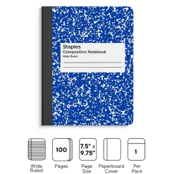 Composition Notebooks|Staples ® Composition Notebook, 7.5" x 9.75", Wide Ruled, 100 Sheets, (ST55073) Blue