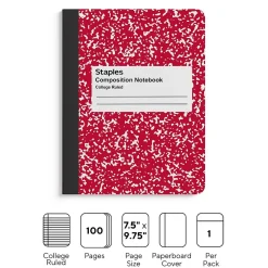 Composition Notebooks|Staples ® Composition Notebook, 7.5" x 9.75", College Ruled, 100 Sheets, (ST55065) Red