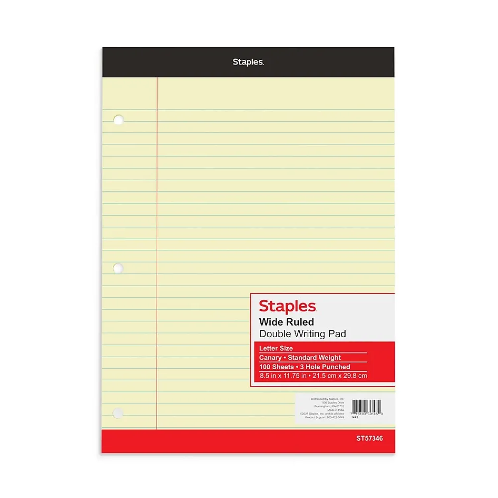 Notepads|Staples Double-Sheet Notepad, 8.5" x 11.75", Wide Ruled, Canary, 100 Sheets/Pad (20-243)