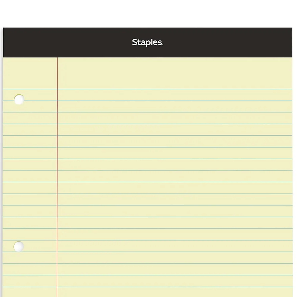 Notepads|Staples Double-Sheet Notepad, 8.5" x 11.75", Wide Ruled, Canary, 100 Sheets/Pad (20-243)