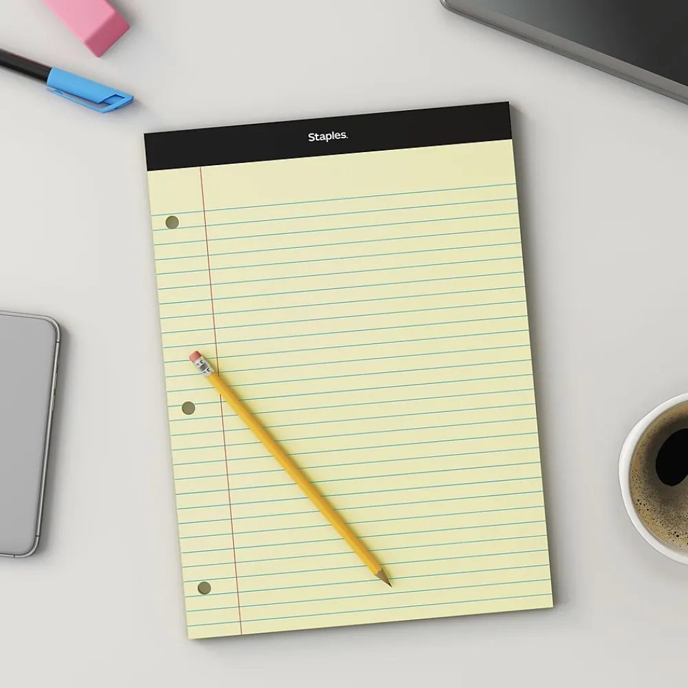 Notepads|Staples Double-Sheet Notepad, 8.5" x 11.75", Wide Ruled, Canary, 100 Sheets/Pad (20-243)