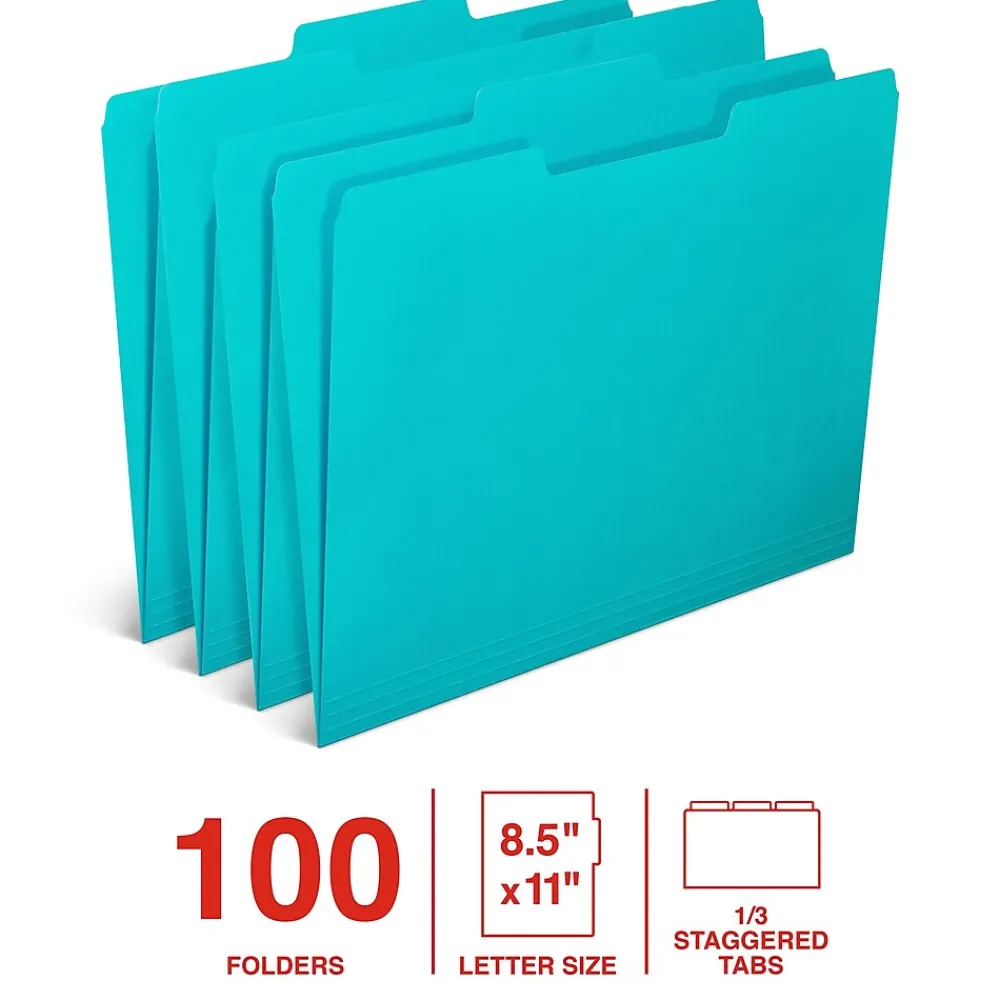 File Folders|Staples File Folder, 1/3-Cut Tab, Letter Size, Teal, 100/Box (ST62567)
