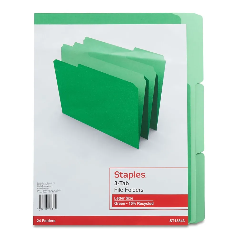 File Folders|Staples File Folders, 1/3-Cut Tab, Letter Size, Green, 24/Pack (22948-US)