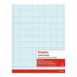 Notepads|Staples Graph Pad, 8.5" x 11" (US letter), Graph Ruled, White, 50 Sheets/Pad, 6 Pads/Pack (35705)
