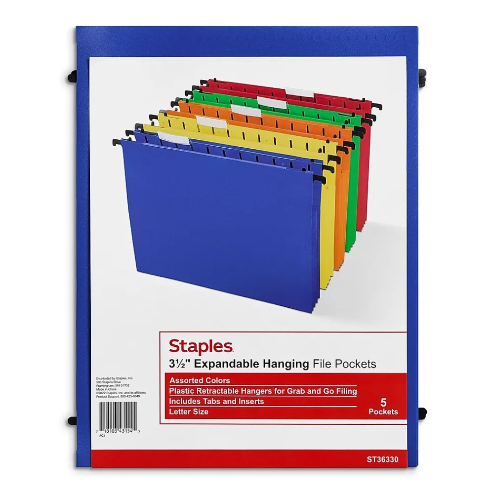 Hanging File Folders|Staples ® Hanging File Folder, 3.5" Expansion, Letter Size, Assorted, 5/Pack (TR36330/36330)