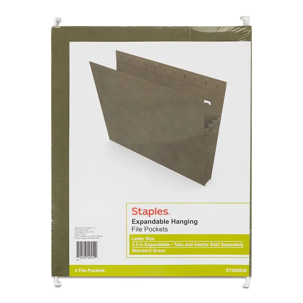 Hanging File Folders|Staples Hanging File Pockets, 3.5" Expansion, Staight Cut, Letter Size, , 4/Box (ST260828-CC) Standard Green