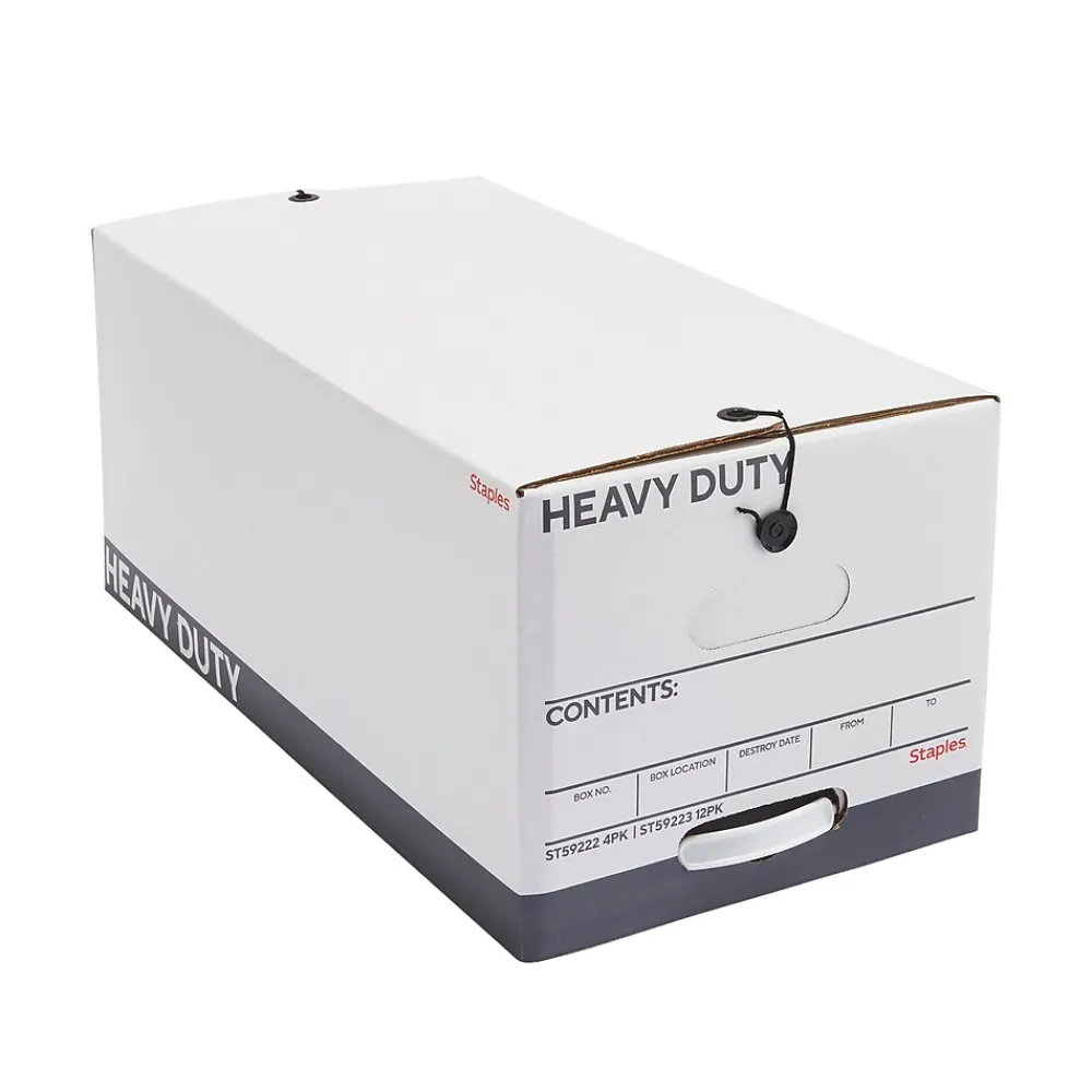 File Storage|Staples Heavy Duty File Box, String and Button Lid, Letter, White/Gray, 4/Pack (TR59222)