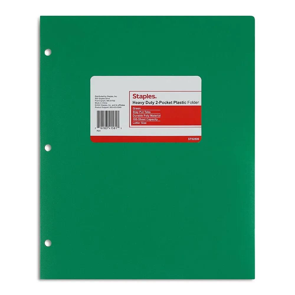 Pocket Folders|Staples 3-Hole Punched 2-Pocket Plastic Portfolio Folder, (ST52806-CC) Green