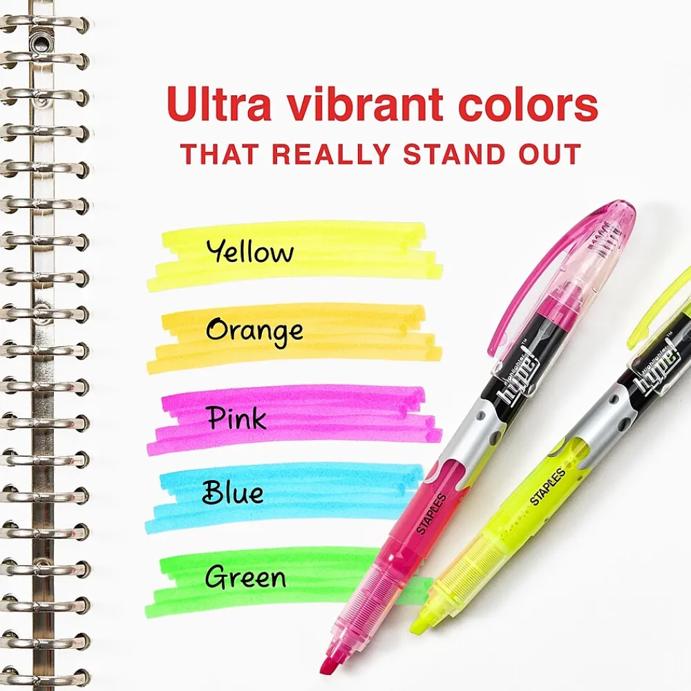 Highlighters|Staples ® Hype! Stick Highlighters, Chisel Tip, Assorted, 5/Pack (34657-CC)