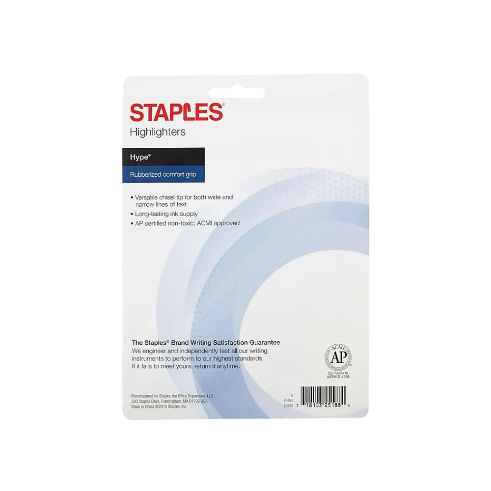 Highlighters|Staples Hype Tank Highlighters with Grip, Chisel Tip, Assorted, 5/Pack (29228)