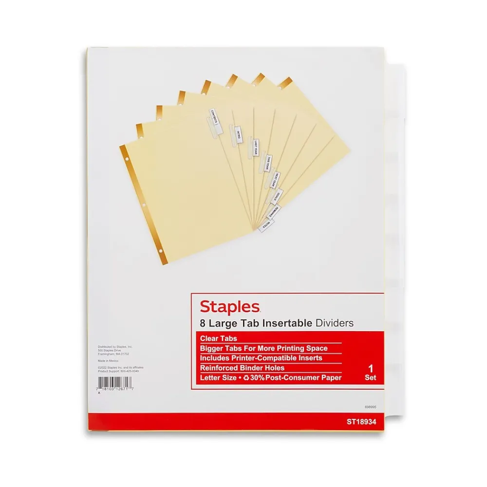 Dividers|Staples Large Tab Insertable Paper Divider, 8 Tabs, Buff with Clear Tabs, 1 Set (18934/11112)
