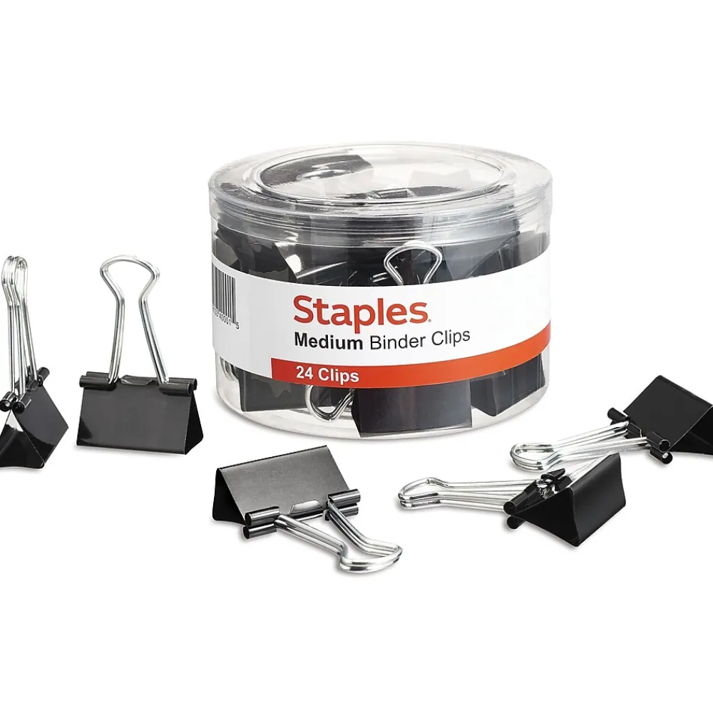 Clips & Fasteners|Staples Medium Binder Clips, 0.63" Capacity, Black, 24 Clips/Pack (ST10668/10668)