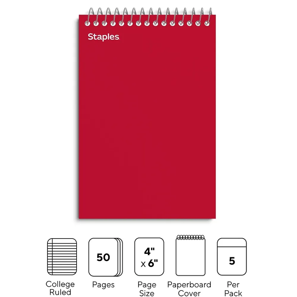 Notepads|Staples Memo Pad, 4" x 6", College Ruled, Assorted Colors, 50 Sheets/Pad, 5 Pads/Pack (ST11494N)