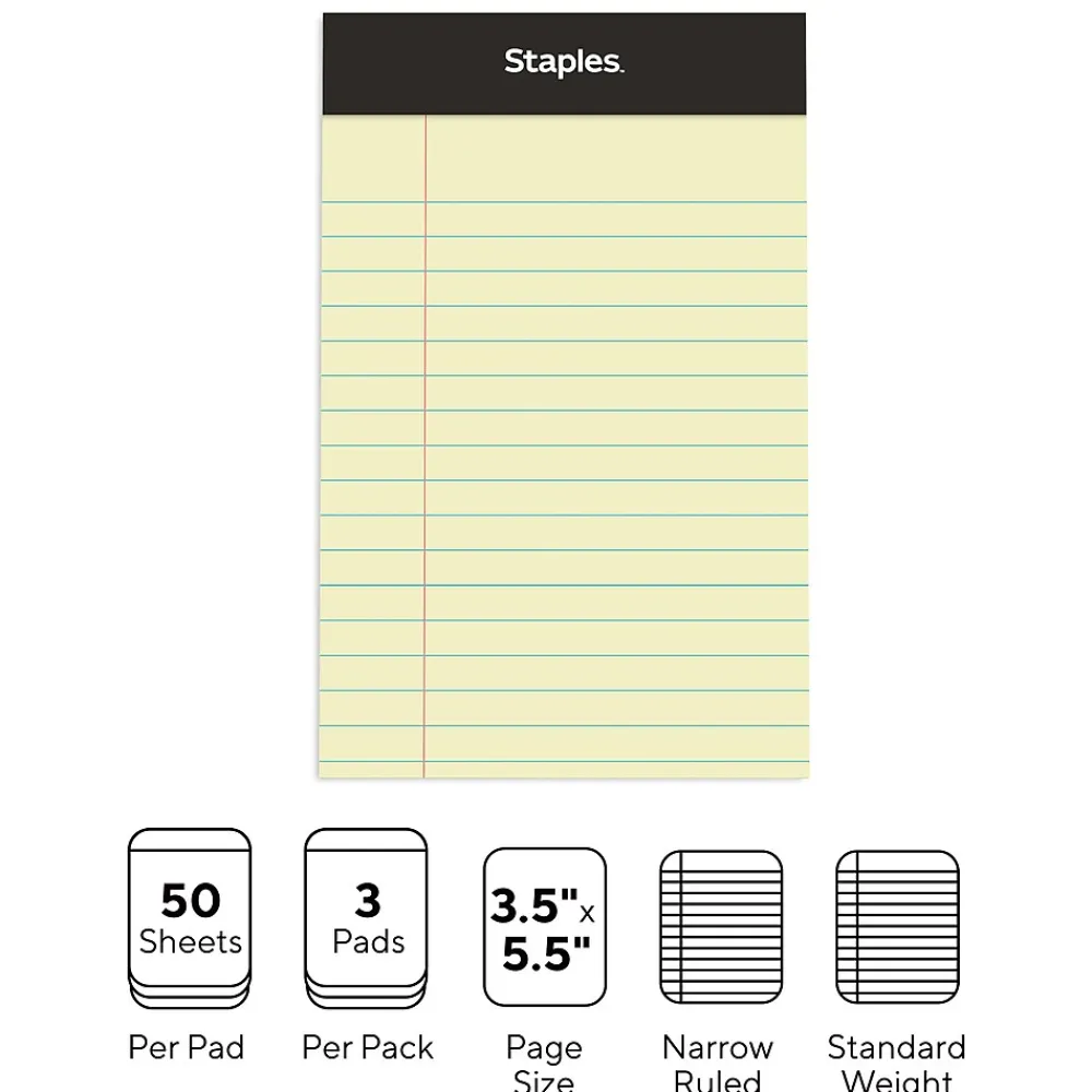 Notepads|Staples ® Mini Legal Notepad, 3" x 5", Narrow Ruled, Canary, 50 Sheets/Pad, 3/Pack (36312)