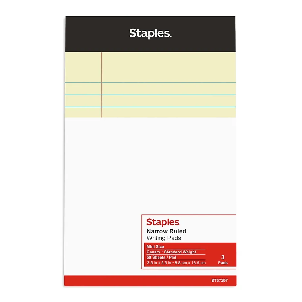 Notepads|Staples ® Mini Legal Notepad, 3" x 5", Narrow Ruled, Canary, 50 Sheets/Pad, 3/Pack (36312)