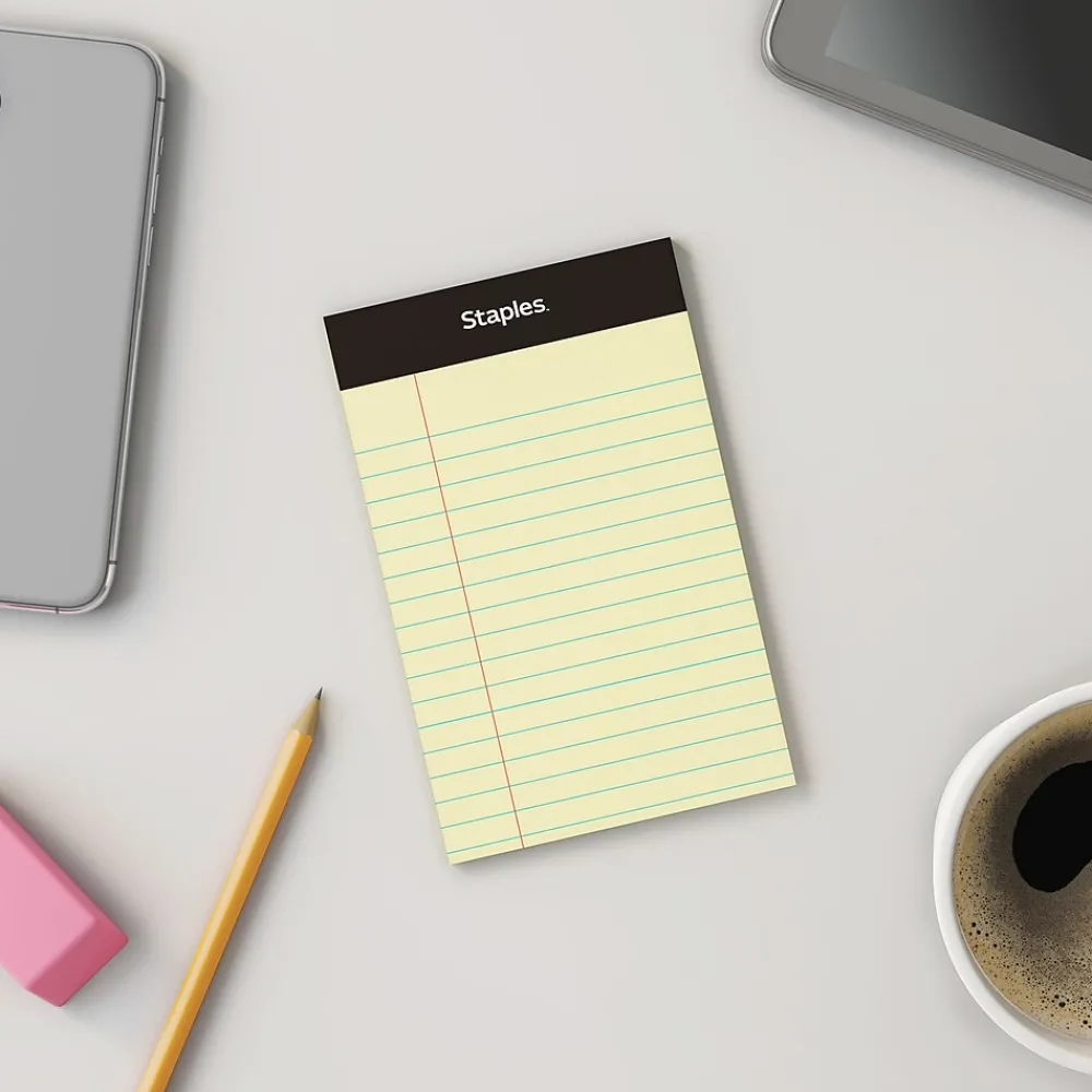 Notepads|Staples ® Mini Legal Notepad, 3" x 5", Narrow Ruled, Canary, 50 Sheets/Pad, 3/Pack (36312)