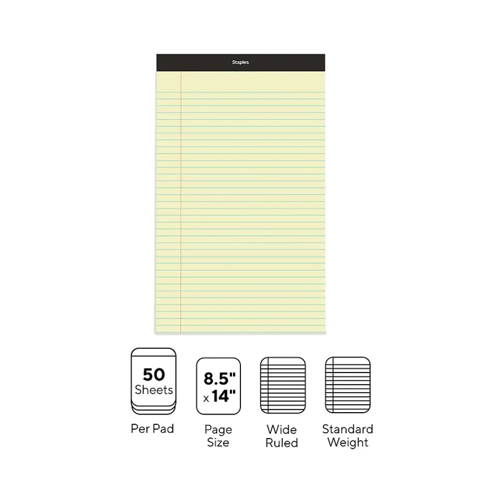 Notepads|Staples Notepad, 8.5" x 14", Wide Ruled, , 50 Sheets/Pad, Dozen Pads/Pack (ST57301) Canary