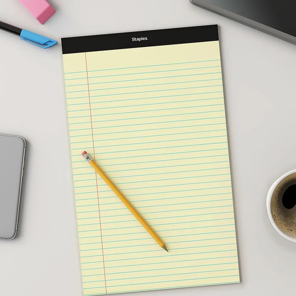 Notepads|Staples Notepad, 8.5" x 14", Wide Ruled, , 50 Sheets/Pad, Dozen Pads/Pack (ST57301) Canary
