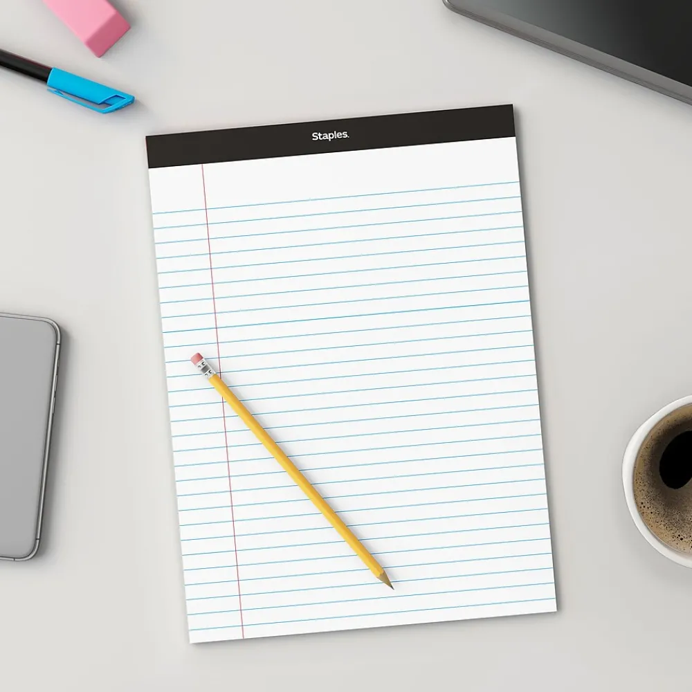 Notepads|Staples Notepad, 8.5" x 11.75", Wide, White, 50 Sheets/Pad (20499)