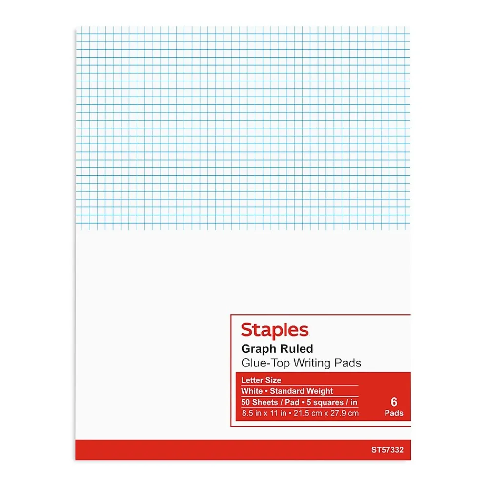 Notepads|Staples ® Notepads, 8.5" x 11", Graph Ruled, White, 50 Sheets/Pad, 6 Pads/Pack (ST57332)