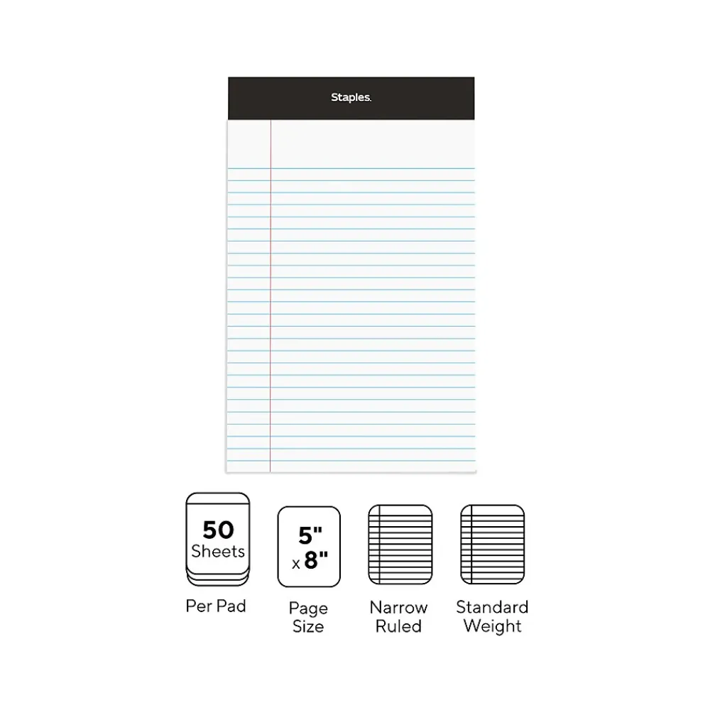 Notepads|Staples Notepads, 5" x 8", Narrow Ruled, , 50 Sheets/Pad, Dozen (ST57338) White