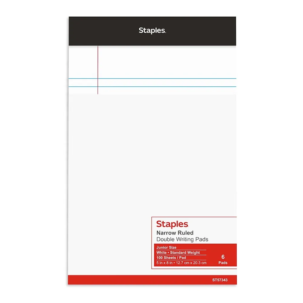 Notepads|Staples Notepads, 5" x 8", Narrow Ruled, , 100 Sheets/Pad, 6 Pads/Pack (ST57343) White