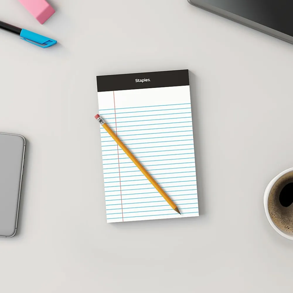 Notepads|Staples Notepads, 5" x 8", Narrow Ruled, , 100 Sheets/Pad, 6 Pads/Pack (ST57343) White