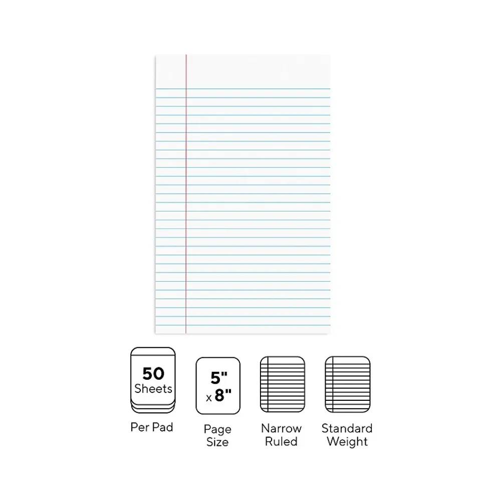 Notepads|Staples Notepads, 5" x 8", Narrow Ruled, , 50 Sheets/Pad, Dozen Pads/Pack (ST57330) White