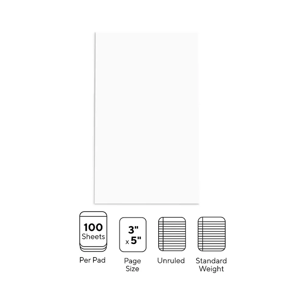 Notepads|Staples Notepads, 3" x 5", Unruled, White, 100 Sheets/Pad, Dozen Pads/Pack (ST57337)
