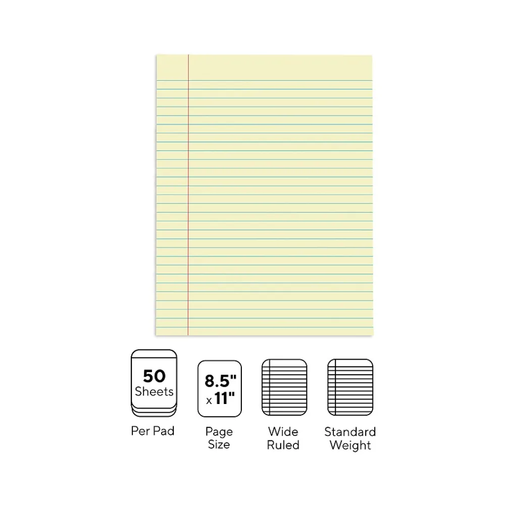 Notepads|Staples Notepads, 8.5" x 11", Wide Ruled, Canary, 50 Sheets/Pad, Dozen Pads/Pack (ST57295)