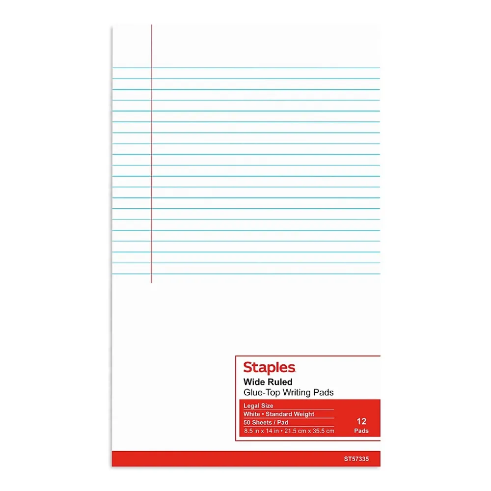 Notepads|Staples Notepads, 8.5" x 14", Wide Ruled, White, 50 Sheets/Pad, Dozen Pads/Pack (ST57335)