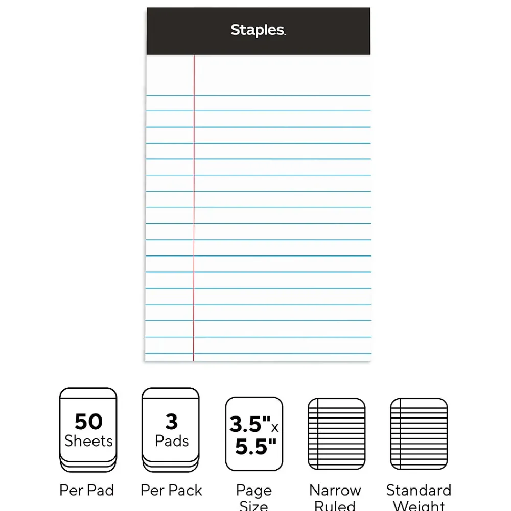 Notepads|Staples ® Perforated Mini Legal Writing Pads - Narrow Ruled, 3.5" x 2.5", White, 3/Pack (10871)