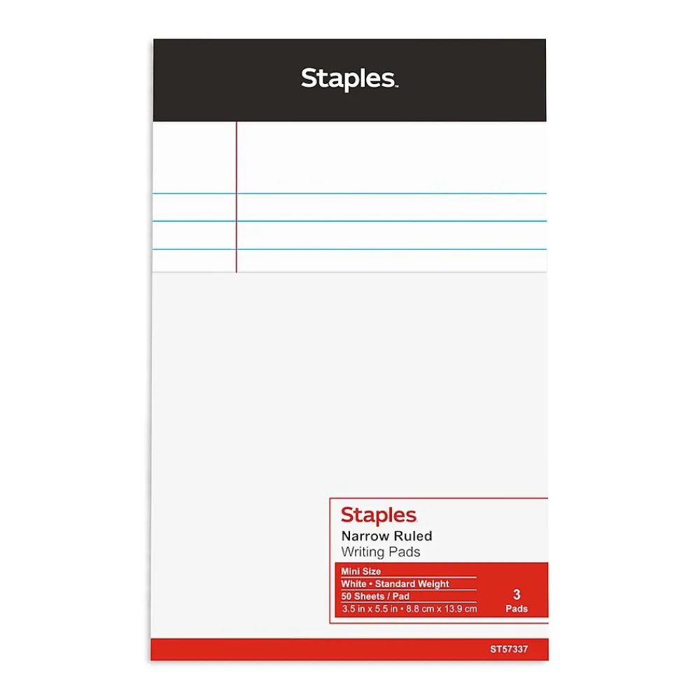 Notepads|Staples ® Perforated Mini Legal Writing Pads - Narrow Ruled, 3.5" x 2.5", White, 3/Pack (10871)