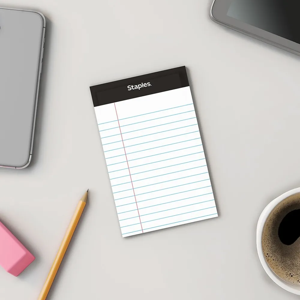 Notepads|Staples ® Perforated Mini Legal Writing Pads - Narrow Ruled, 3.5" x 2.5", White, 3/Pack (10871)