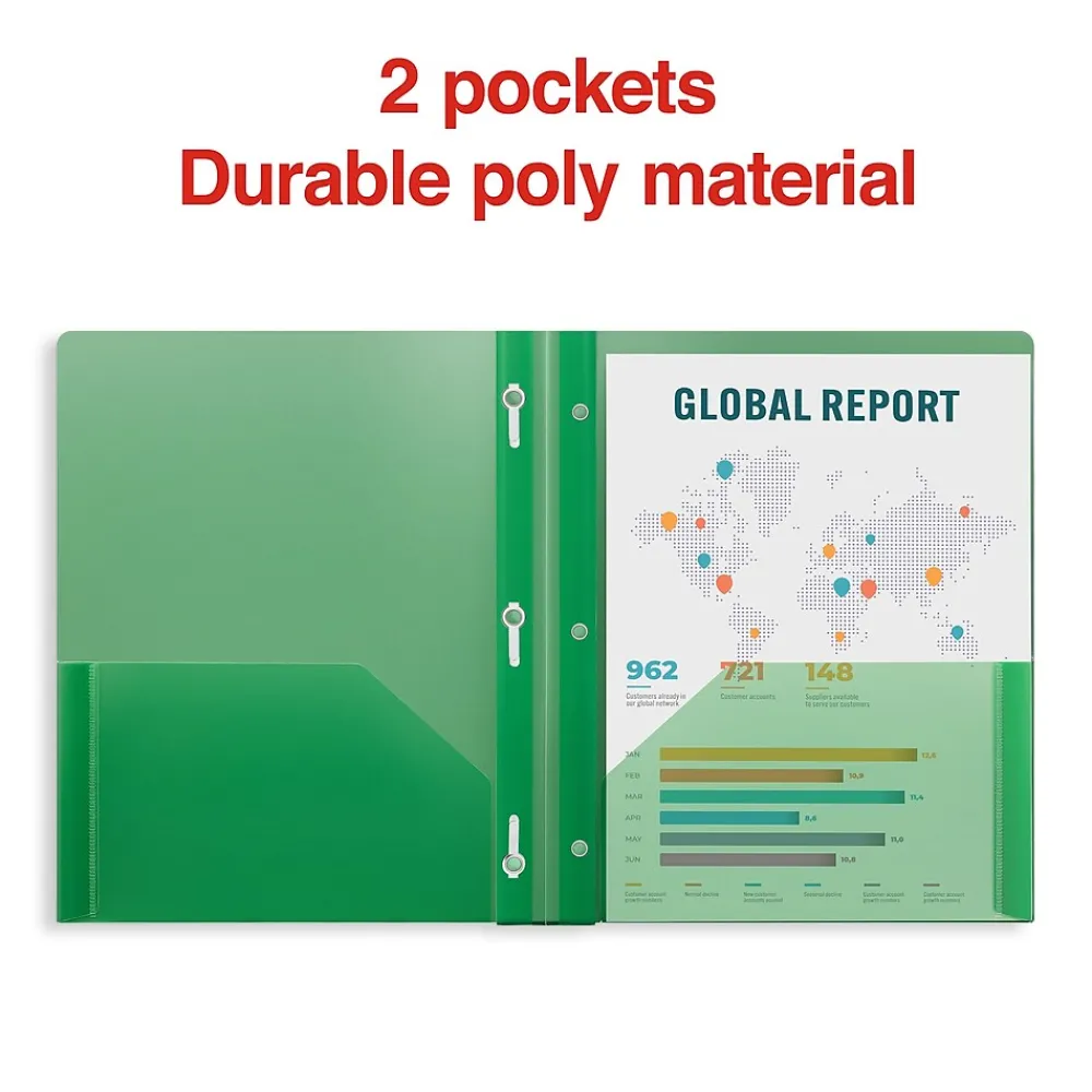 Pocket Folders|Staples 2-Pocket Plastic Presentation Folder with Fasteners, Green (ST26388-CC)