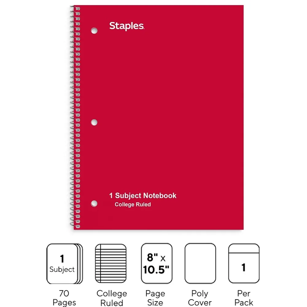 Subject Notebooks|Staples ® Poly 1-Subject Notebook, 8" x 10.5", College Ruled, 70 Sheets, Assorted Colors (27620M)