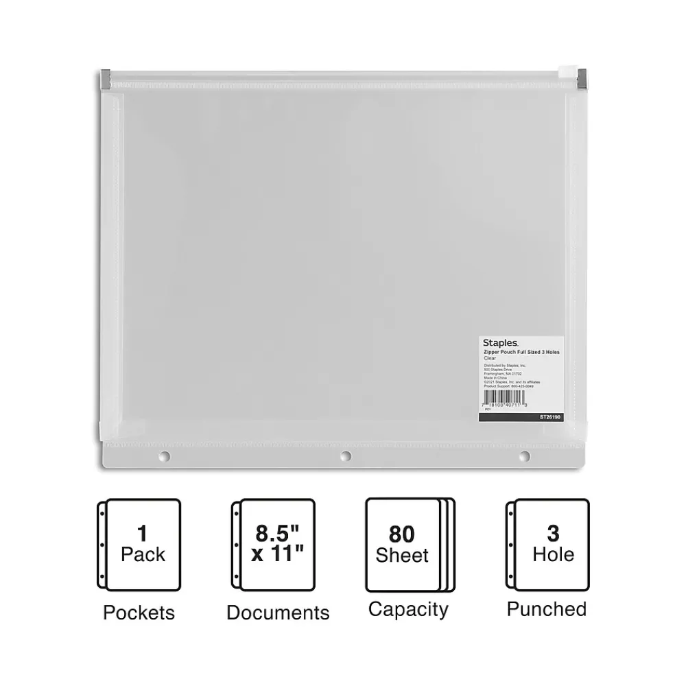 Dividers|Staples Poly Zipper Pouch, 3-Hole Punched, Clear (ST26190-CC)