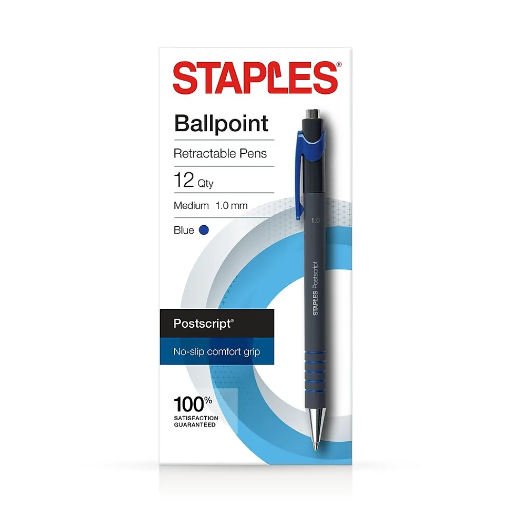 Pens|Staples Postscript Retractable Ballpoint Pens, Medium Point, Blue Ink, Dozen (18263)