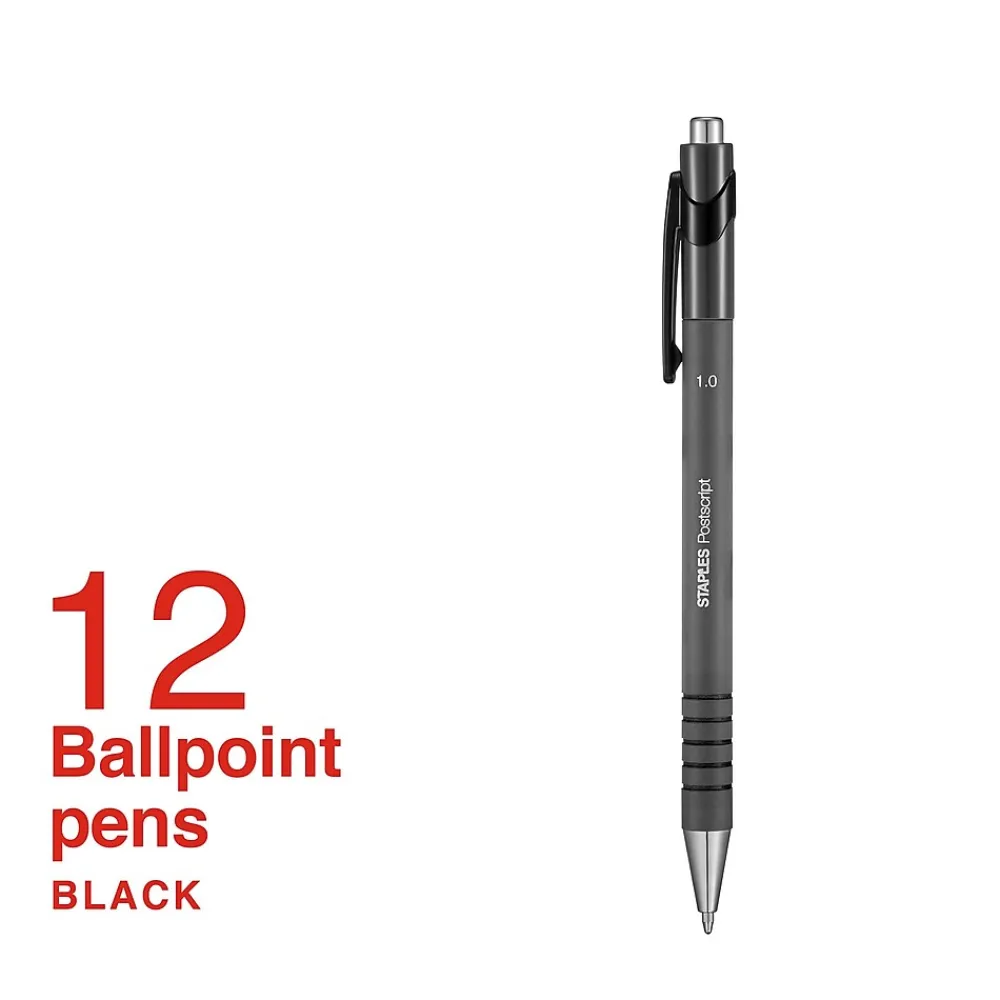 Pens|Staples Postscript Retractable Ballpoint Pens, Medium Point, Black Ink, Dozen (18262)