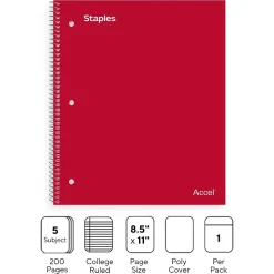 Subject Notebooks|Staples Premium Poly 5-Subject Notebook, 8.5" x 11", College Ruled, 200 Sheets, (ST58319) Red