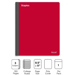 Notebooks|Staples Premium 3-Subject Notebook, 8.5" x 11", College Ruled, 150 Sheets, (ST58332) Red