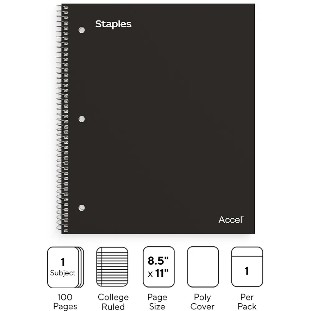 Notebooks|Staples Premium 1-Subject Notebook, 8.5" x 11", College Ruled, 100 Sheets, (ST20950D) Black