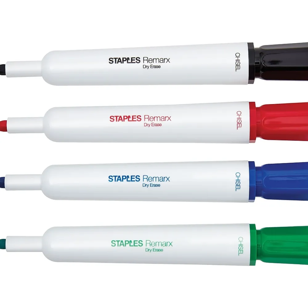 Markers|Staples Remarx Dry Erase Markers, Chisel Point, Assorted, 4/Pack (29205)