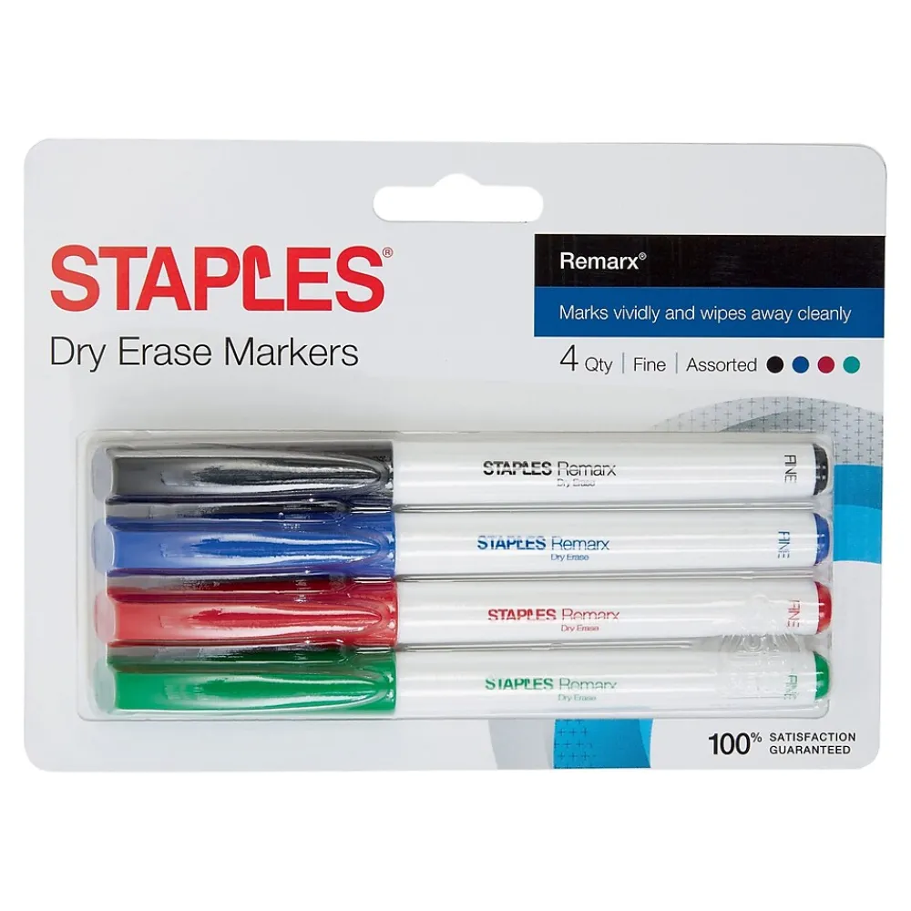 Markers|Staples Remarx Dry Erase Markers, Fine Point, Assorted, 4/Pack (29207)
