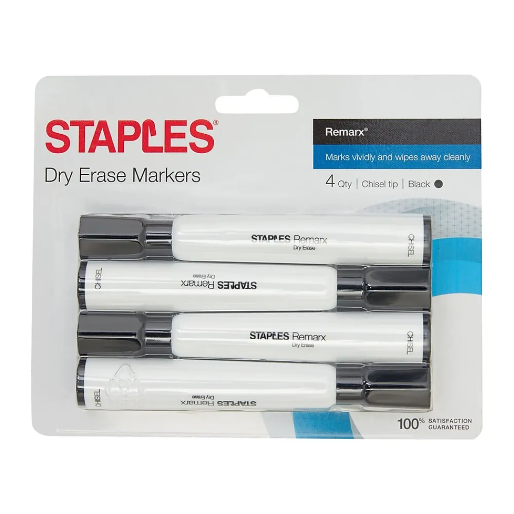 Markers|Staples Remarx Dry Erase Markers, Chisel Point, Black, 4/Pack (29210)
