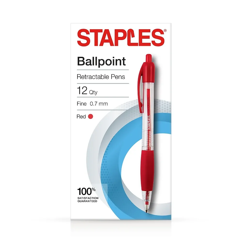 Pens|Staples Retractable Ballpoint Pens, Fine Point, Red Ink, Dozen (50787)