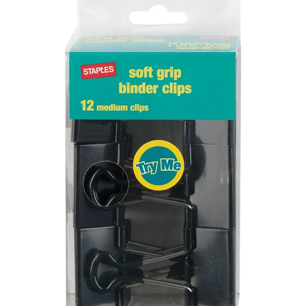 Clips & Fasteners|Staples ® Soft Grip Binder Clips, 1 1/4" Width, 5/8" Capacity, Black, 12/Pk