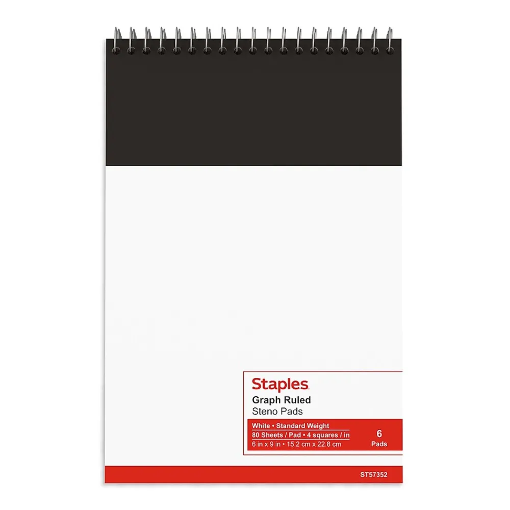 Notepads|Staples Steno Pads, 6" x 9", Graph Ruled, White, 80 Sheets/Pad, 6 Pads/Pack (ST57352)