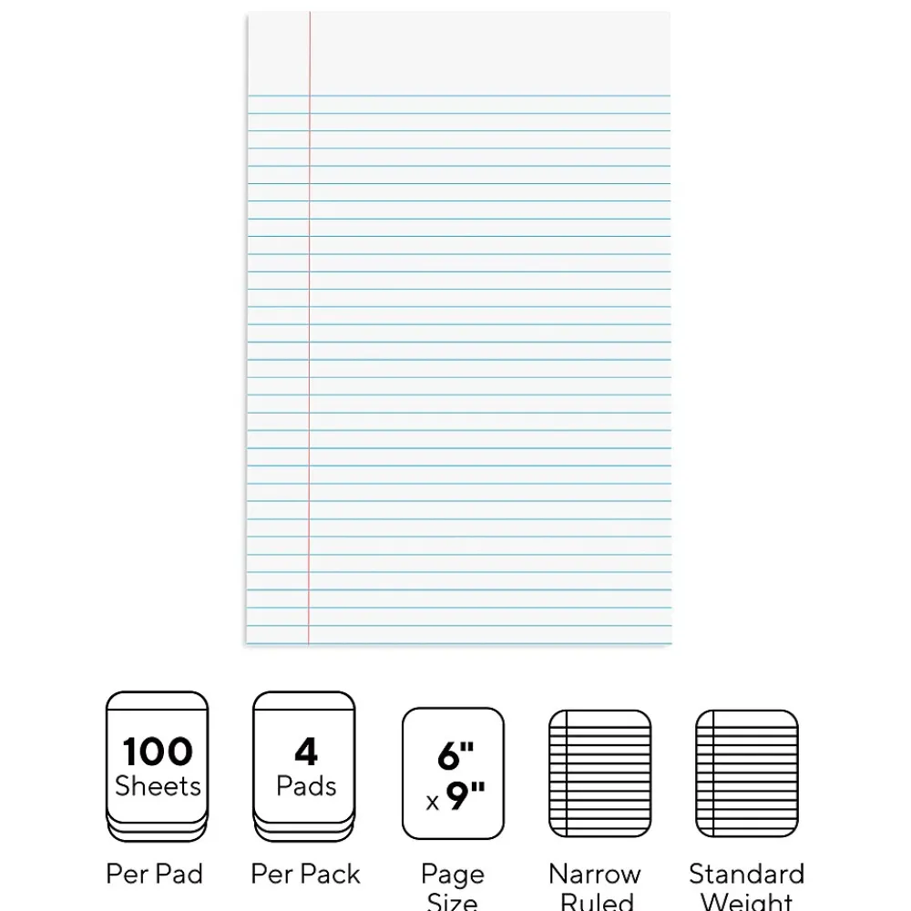 Notepads|Staples ® Steno Pads, 6'' x 9'', Narrow Ruled, 100 Sheets/Pad, 4 Pads/Pack (28046)