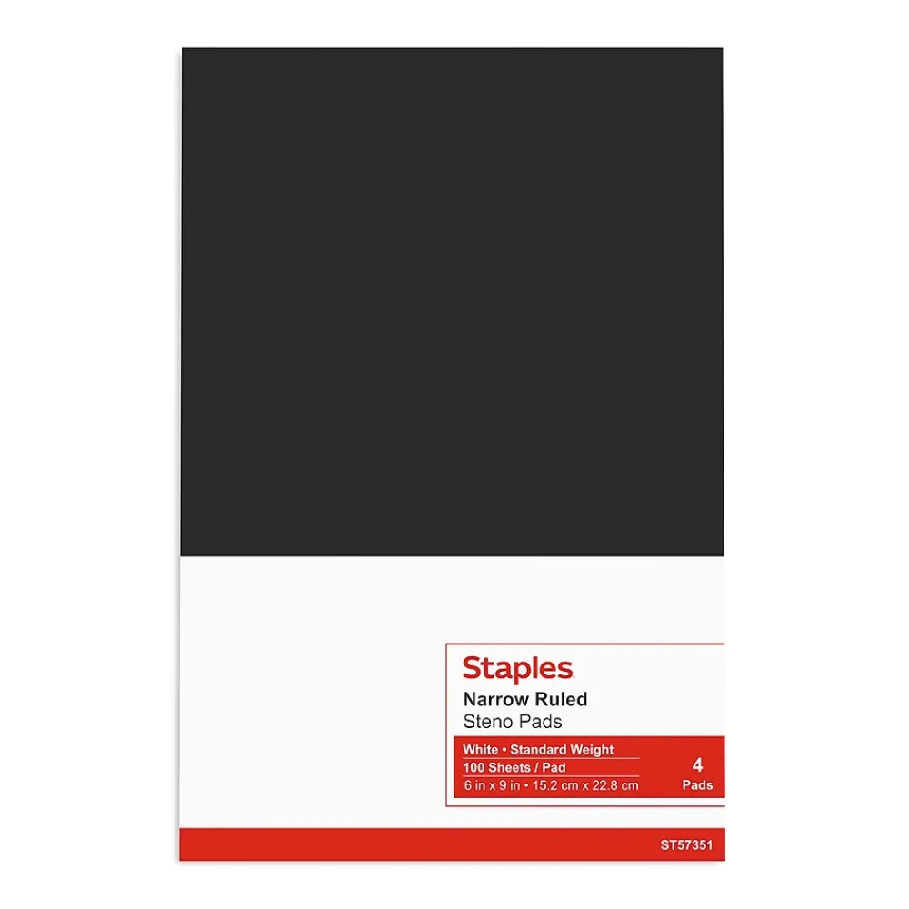 Notepads|Staples ® Steno Pads, 6'' x 9'', Narrow Ruled, 100 Sheets/Pad, 4 Pads/Pack (28046)